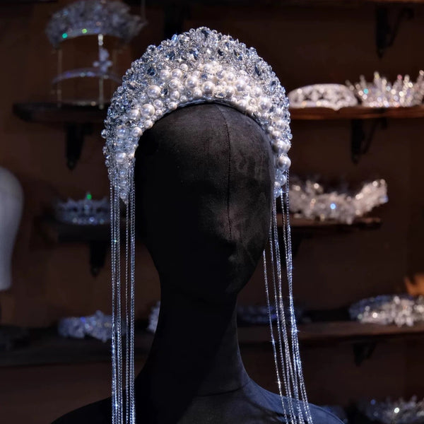 st1-17517 Pearls&Zircon Tassels Wedding Hat Headpiece